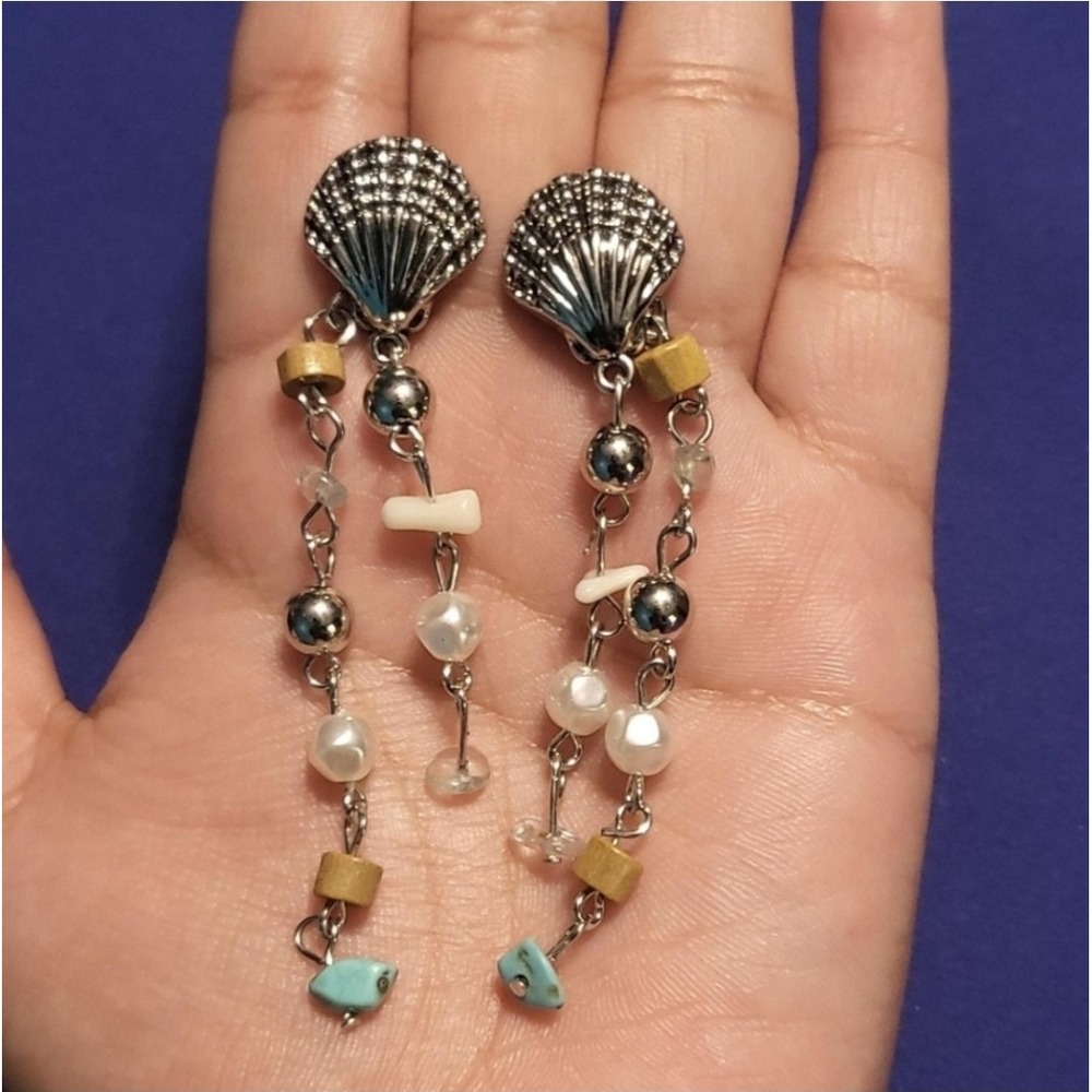 Seashell Dangle Earrings with Faux‎ Pearls & Turquoise Chips - Beachy Style